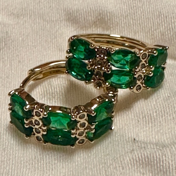 14K Gold Filled Green CZ Oval Huggie Earrings | Emerald Look Hoops - Picture 3 of 9